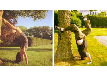 Sweding Hilaria Baldwin's adho mukha vrksasana handstand