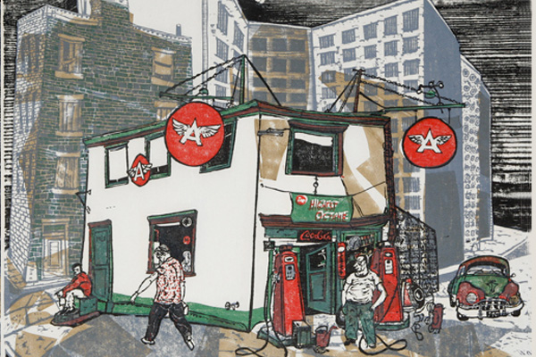 Ted Davies Woodcut "Gas Station"