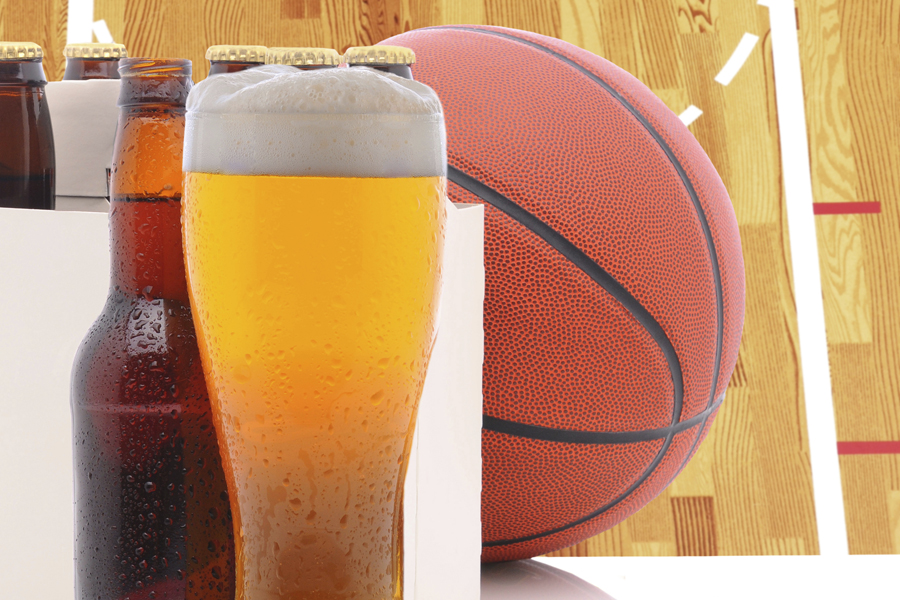 Basketball Six Pack and Glass of Beer and Court
