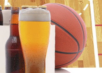 Basketball Six Pack and Glass of Beer and Court