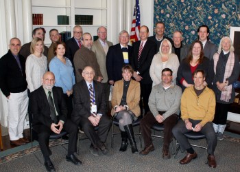 Front row, left to right: Mark Woolley, LI District Director for Congressman Lee Zeldin; Robert Ross, VP Community & Government Relations, Southampton Hospital; Joann Scalia, Chief of Staff for NY State Senator Kenneth LaValle; Brian Kelly, Suffolk County Tick Control Advisory Committee; and George Dempsey, MD. Back row, left to right: Jay Schneiderman, Suffolk County Legislator; James Tomarken, MD, Commissioner, Suffolk County Department of Health Services; Erin McGintee, MD; Scott Campbell, PhD, Lab Chief, Suffolk County Department of Health Services; Deborah Maile, RN, Director of Infection Prevention, Southampton Hospital; Fredric Weinbaum, MD, CMO, Southampton Hospital; Joseph Quinn, MD; Peter Sartorius, Mayor, Quogue; Fred Thiele, NY State Assemblyman; Robert Chaloner, CEO, Southampton Hospital; Dominick Ninivaggi, Vector Control Superintendent, Suffolk County Department of Health Services; Alexandra Halitsky, MD; Jeff Sander, Mayor, North Haven; Gwynn Schroeder, Aide to Suffolk County Legislator Al Krupski; Jason Hann, Aide to Jay Schneiderman; and Nancy McGann, Southampton Village Trustee.