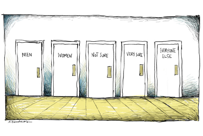 Transgender bathroom cartoon by Mickey Paraskevas