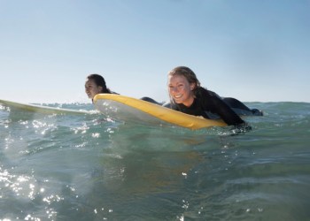 Two surfer girls waiting for a wave