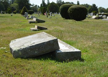 vandalized grave markers at Sacred Hearts cemetery in Southampton