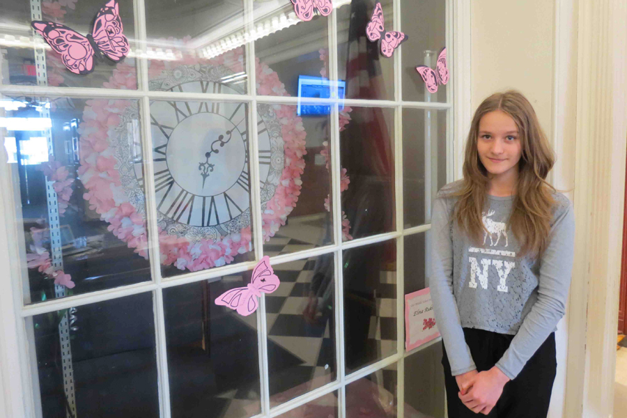 Westhampton Beach Middle School Student Elina Rulchmanova designed the school’s lobby case as part of a school-wide contest.