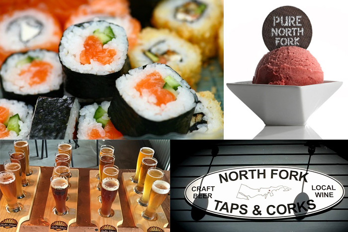 Sushi (123RF), Pure North Fork sorbet, Shelter Island Brewery beer, North Fork Taps & Corks,