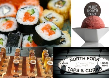 Sushi (123RF), Pure North Fork sorbet, Shelter Island Brewery beer, North Fork Taps & Corks,