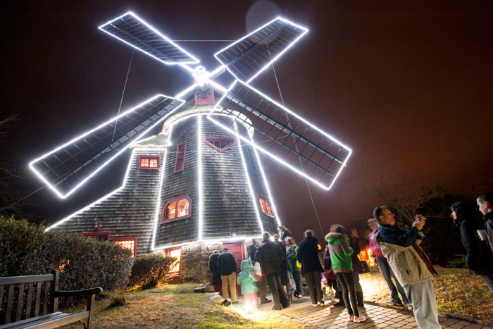 The Stony Brook Southampton Windmill lighted for the holidays.