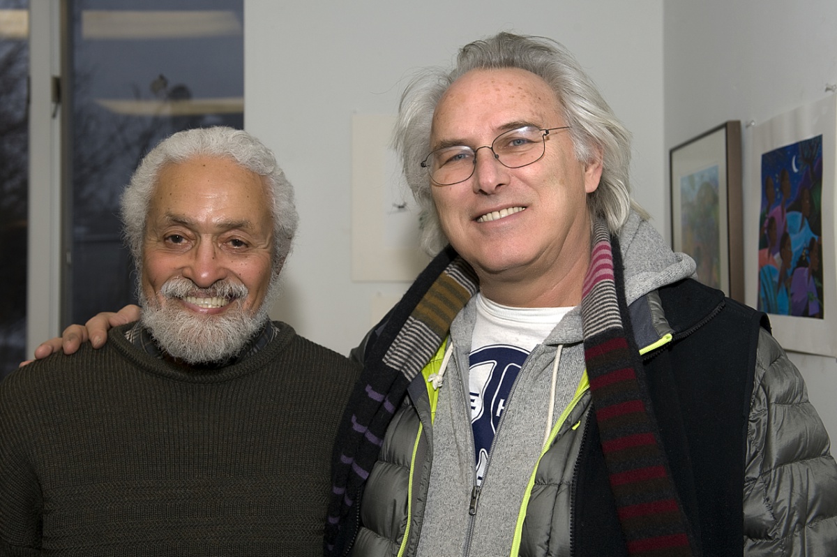 Artist Reynold Ruffins with painter Eric Fischl at the opening of Ruffins illustrative art showing at the John Jermain Library.