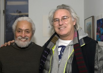 Artist Reynold Ruffins with painter Eric Fischl at the opening of Ruffins illustrative art showing at the John Jermain Library.