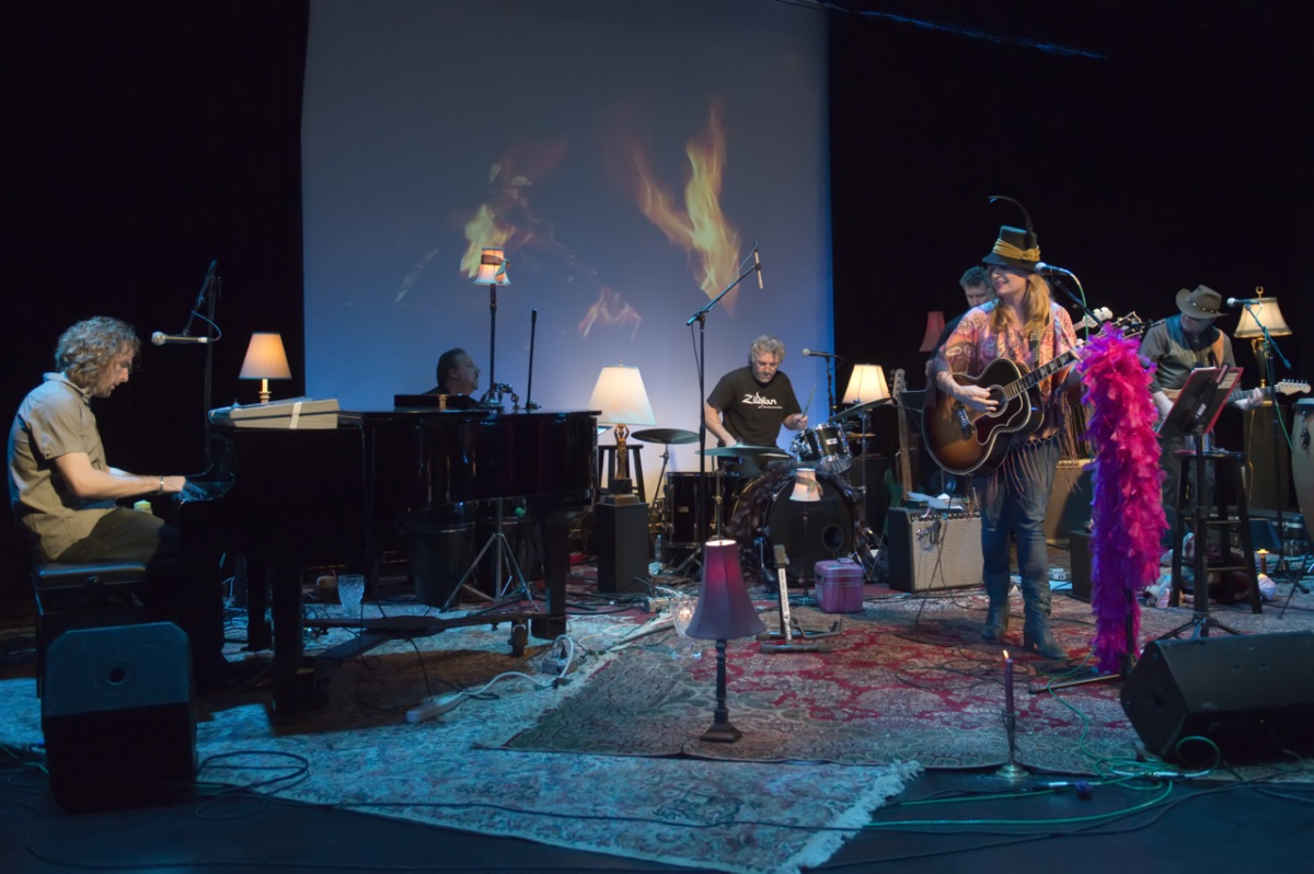 Nancy Atlas center stage with her drummer Richard Roach and bassist, Johnny Blood, for the third Fireside Session at The Bay Street Theater with special guest, piano and keyboardist, Danny Kean.