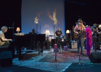 Nancy Atlas center stage with her drummer Richard Roach and bassist, Johnny Blood, for the third Fireside Session at The Bay Street Theater with special guest, piano and keyboardist, Danny Kean.