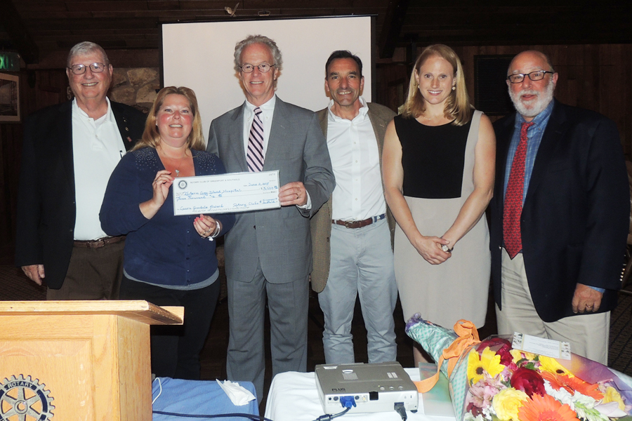 ) John Shack, President, Southold Rotary Club; Robin Walden, President Greenport Rotary Club; Paul J. Connor III, President/CEO ELIH; Frank J. Adipietro, Jr., MD, President Medical Staff; Courtney Meringer, Laura Goodale Award Recipient, Director of Medical Staff Services and Lloyd Simon, MD, Medical Director.