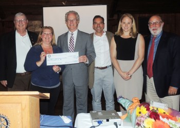 ) John Shack, President, Southold Rotary Club; Robin Walden, President Greenport Rotary Club; Paul J. Connor III, President/CEO ELIH; Frank J. Adipietro, Jr., MD, President Medical Staff; Courtney Meringer, Laura Goodale Award Recipient, Director of Medical Staff Services and Lloyd Simon, MD, Medical Director.