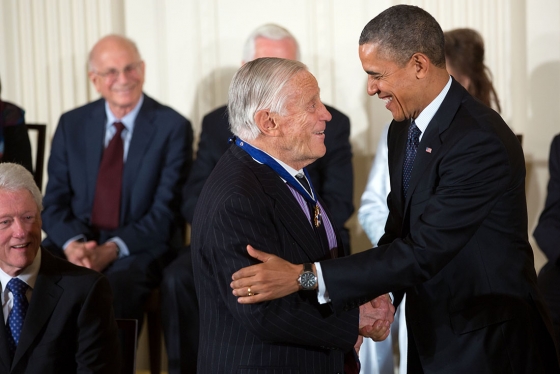 President Barack Obama awards the 2013 Presidential Medal of Freedom to Ben Bradlee during a ceremony in the East Room of the White House, Nov. 20, 2013.