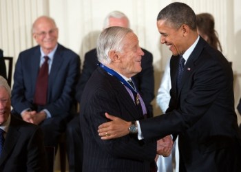 President Barack Obama awards the 2013 Presidential Medal of Freedom to Ben Bradlee during a ceremony in the East Room of the White House, Nov. 20, 2013.