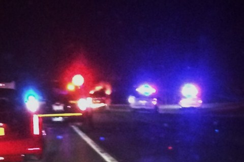 New York State police and Hampton Bays fire chiefs respond to a vehicle fire on the right shoulder of westbound Sunrise Highway just west of the Flanders Road/Route 24 exit.