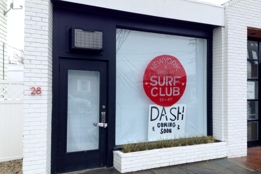"Dash Coming Soon" sign in the window of 28 Nugent St, Southampton Village.