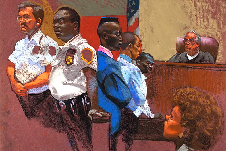 Drawing of Central Park Five trial. Sketch by Christine Cornell