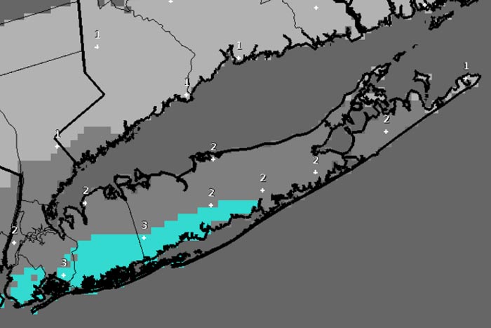 A National Weather Service snowfall accumulation forecast for Long Island for between 7 p.m. Friday and 7 a.m. Saturday. Credit: National Weather ServiceA National Weather Service snowfall accumulation forecast for Long Island for between 7 p.m. Friday and 7 a.m. Saturday. Credit: National Weather Service