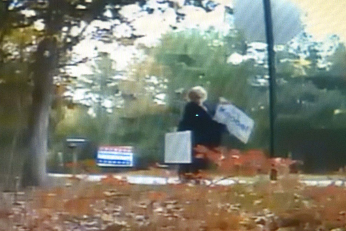A screenshot of a surveillance video showing political signs being removed in Springs.