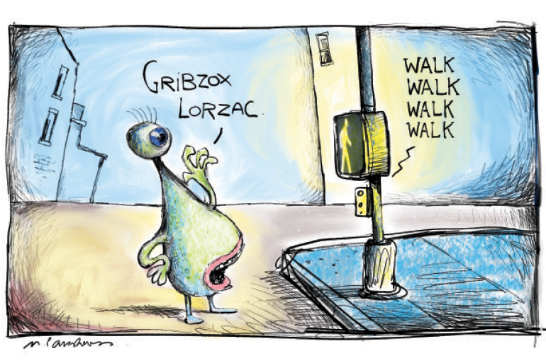 Alien crosswalk cartoon by Mickey Paraskevas