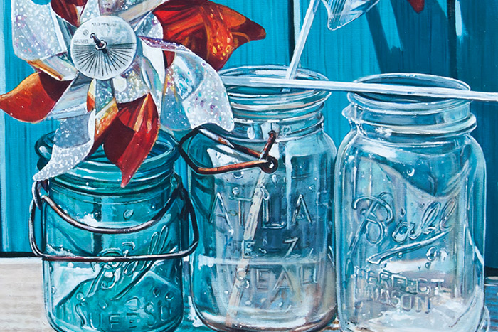 Dan's Papers cover art realism painting by Scott Hewett featuring Ball jars and pinwheels