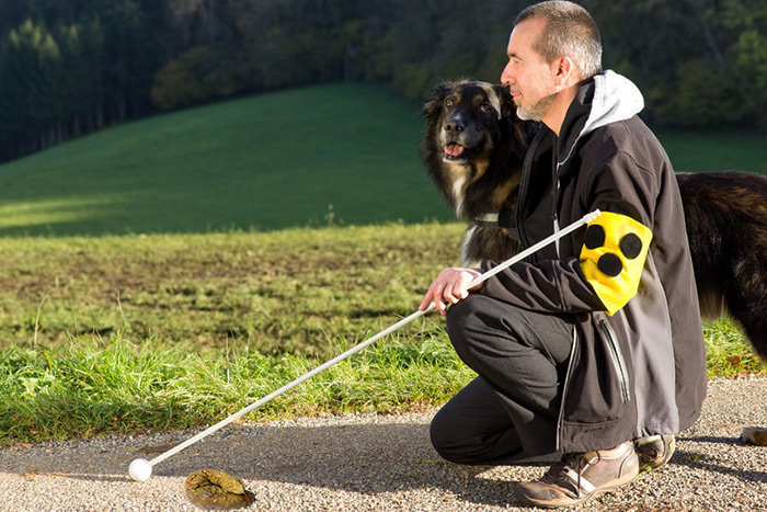 Fake blind man ignores dog poop