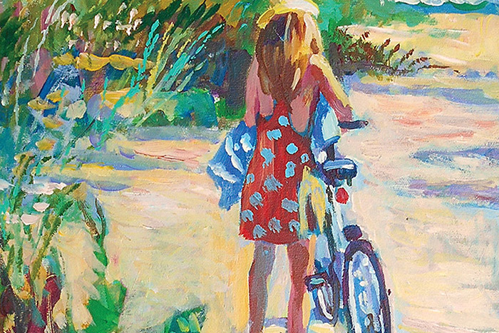 painting by Frank Sofo showing girl in sundress walking her bike on the beach in summer