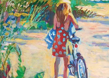 painting by Frank Sofo showing girl in sundress walking her bike on the beach in summer