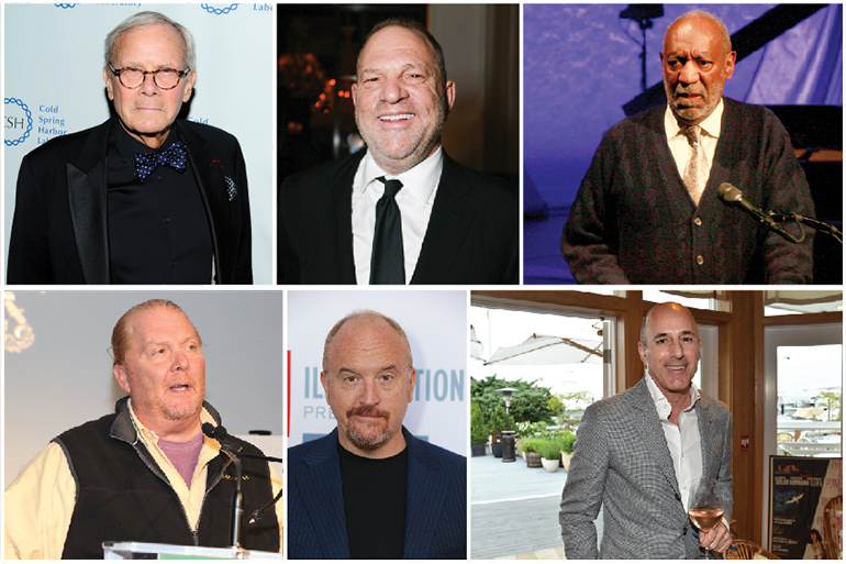 #MeToo men, Clockwise from top left: Tom Brokaw, Harvey Weinstein, Bill Cosby, Matt Lauer, Louis C.K., Mario Batali