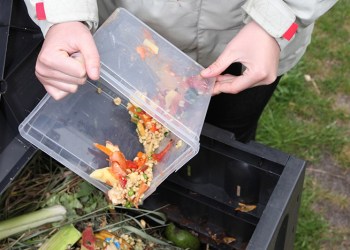 hands dumping food garbage into a composter
