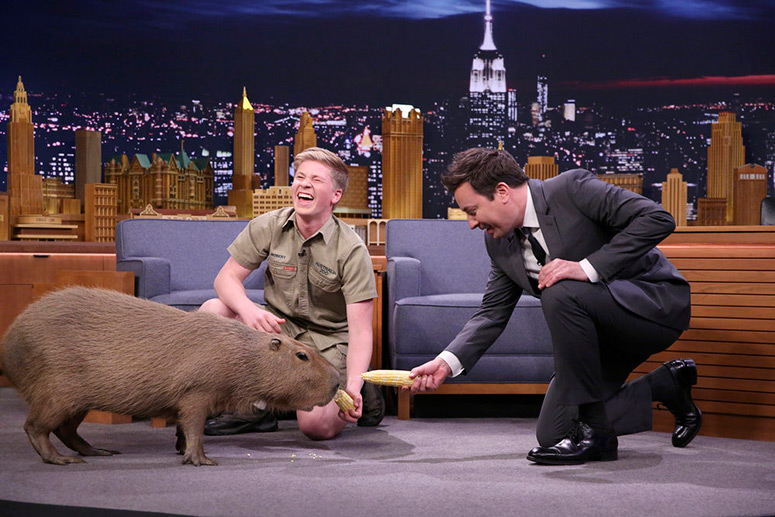 Robert Irwin introduces Jimmy Fallon to a capybara on the Tonight Show stage