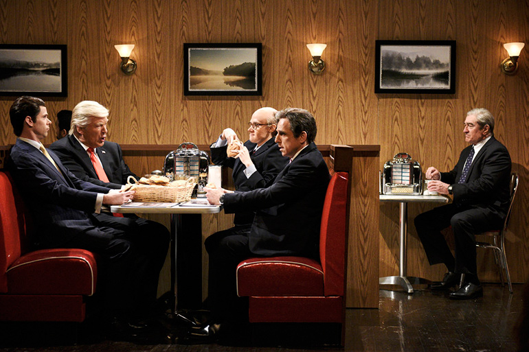 Mikey Day as Donald Trump Jr., Alec Baldwin as President Donald Trump, Kate McKinnon as Rudy Giuliani, Ben Stiller as Michael Cohen, Robert De Niro as Robert Mueller during Saturday Night Live's "Trump Mueller Cold Open" in Studio 8H on Saturday, May 19, 2018