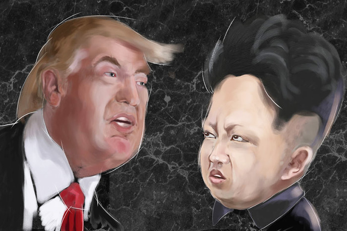 A cartoon with caricatures of Donald Trump and Kim Jong-un