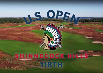 Shot of Shinnecock Hills golf course with 2018 118th U.S. Open USGA logo including Indian head