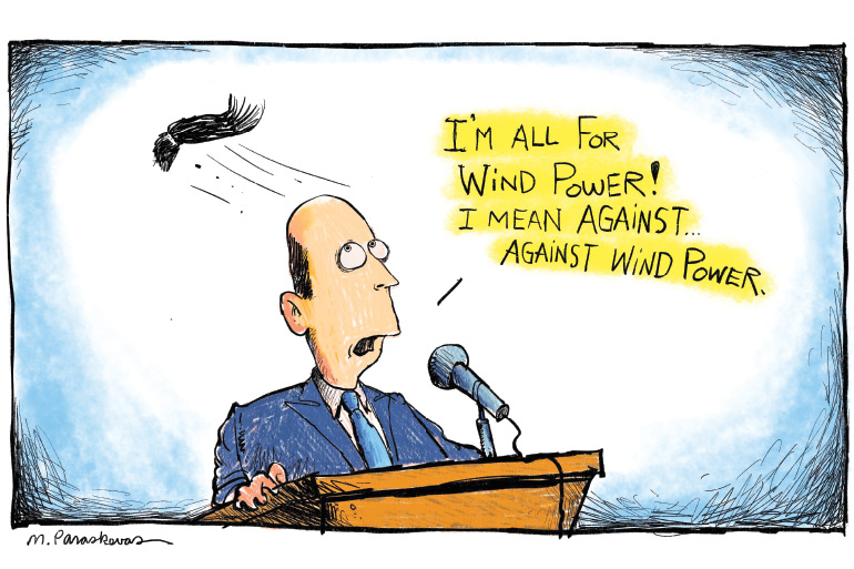 Cartoon by Mickey Paraskevas with man at podium with toupee blowing off in wind