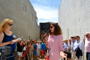 VP of Sag Harbor Partnership & cinema campaign chair, April Gornik along with Mayor Sandra Schroeder kicking off the groundbreaking ceremony