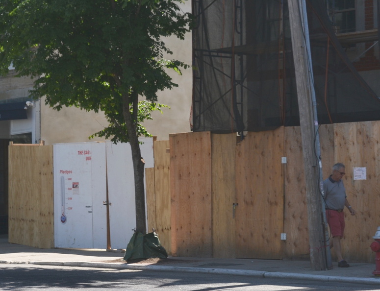 The Sag Harbor Cinema Arts Center will rise up from behind these plywood walls