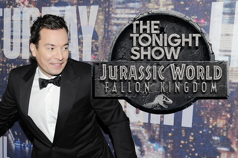 Jimmy Fallon ready for Jurassic World: Fallon Kingdom, Photo: ©PATRICKMCMULLAN.COM, Logo: PRNewsfoto/Universal Pictures