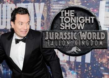 Jimmy Fallon ready for Jurassic World: Fallon Kingdom, Photo: ©PATRICKMCMULLAN.COM, Logo: PRNewsfoto/Universal Pictures