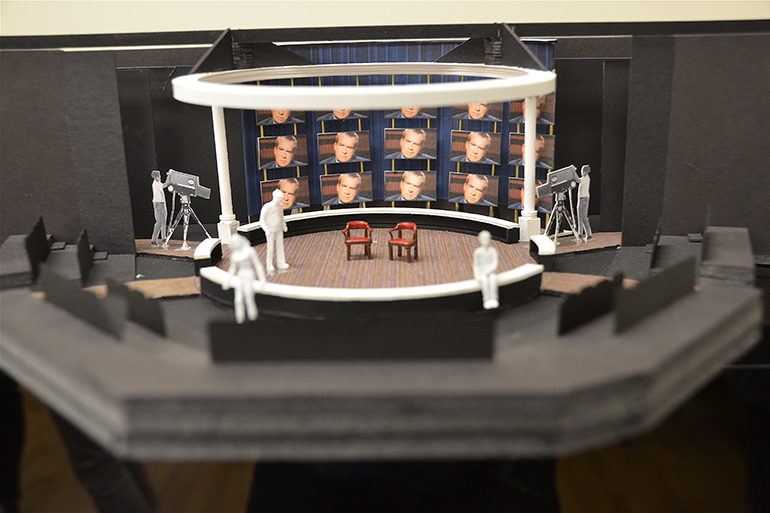 Set prototype showing the wall of TV screens, Photo: Barry Gordin