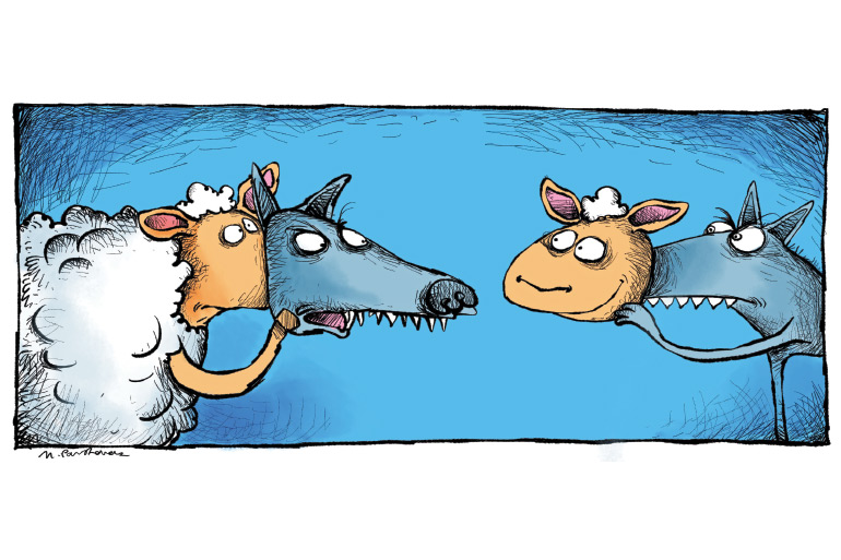 Sheep and wolf cartoon by Mickey Paraskevas