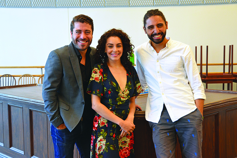 The leads in Bay Street's "Evita": Omar Lopez-Cepero (Perón), Arianna Rosario (Eva), Trent Saunders (Ché), Photo: Barry Gordon