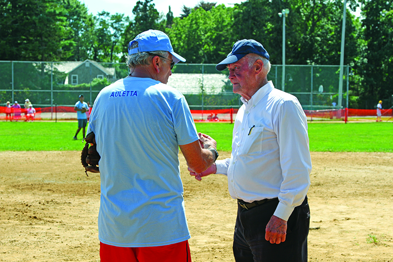 Ken Auletta and Leif Hope at the 2017 Artists & Writers Softball Game