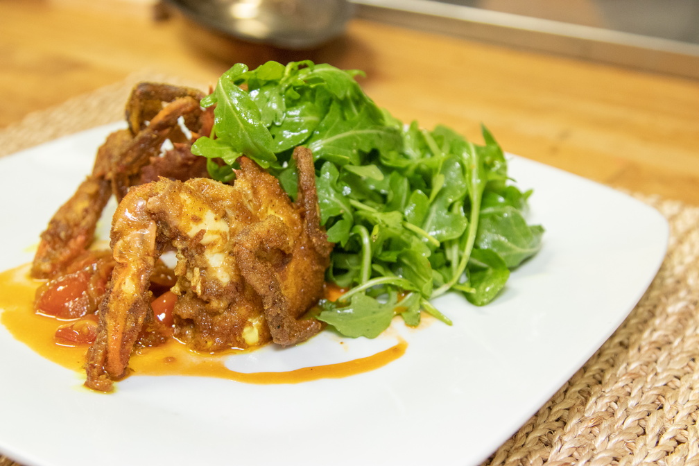 Braun Seafood Soft Shell Crab, Curry Dusted, Tomato Sherry Mint Sauce & Arugula Salad