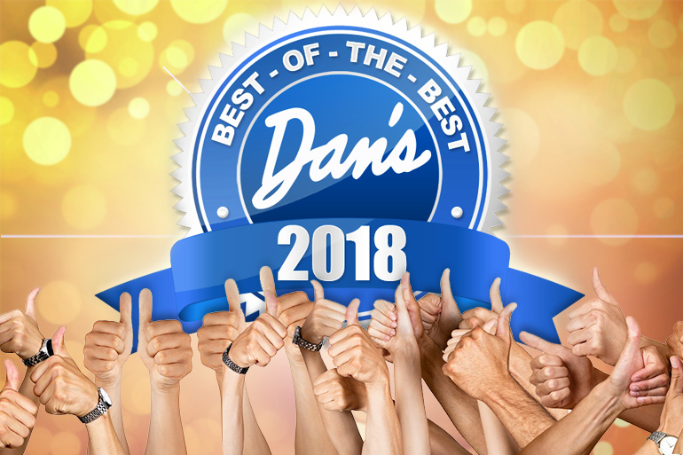 Dan's Best of the Best 2018 blue ribbon logo with hands holding thumbs up beneath it and yellow champagne bubbles background