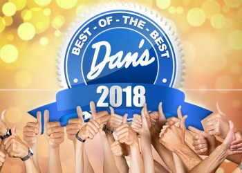 Dan's Best of the Best 2018 blue ribbon logo with hands holding thumbs up beneath it and yellow champagne bubbles background