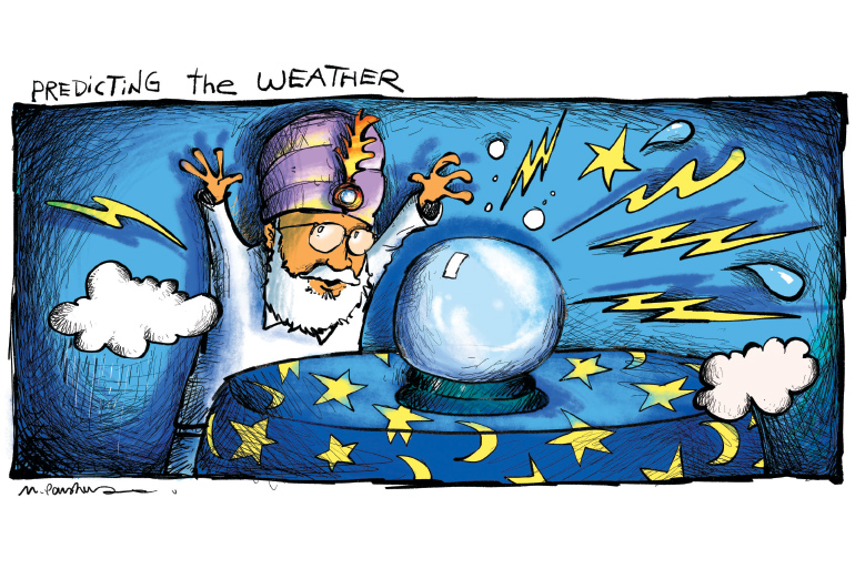 Dan Rattiner predicting the weather with crystal ball cartoon by Mickey Paraskevas