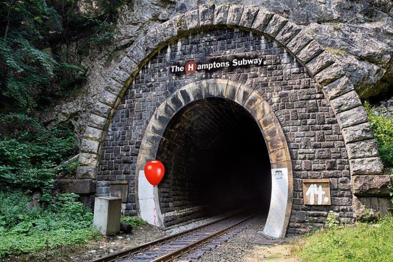 Errant red balloon outside the Hamptons Subway tunnel